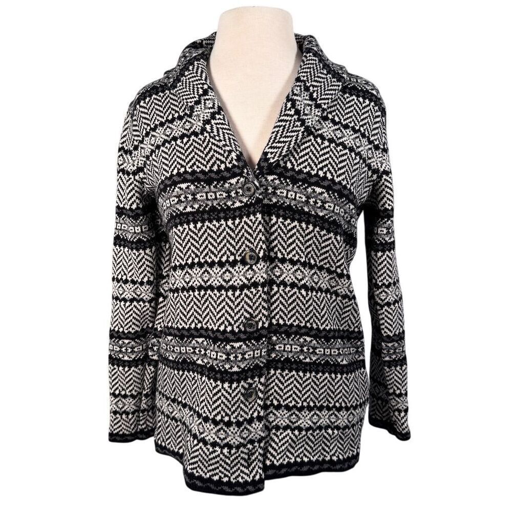 Chaps Women's Geometric Shawl Collar Button Front Cardigan Sweater Black Size M
